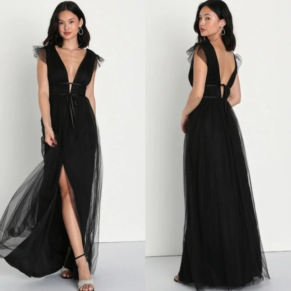 Lulus I'm All Yours Black Tulle Ruffled Maxi Dress Size M Party Prom Wedding - Picture 1 of 13